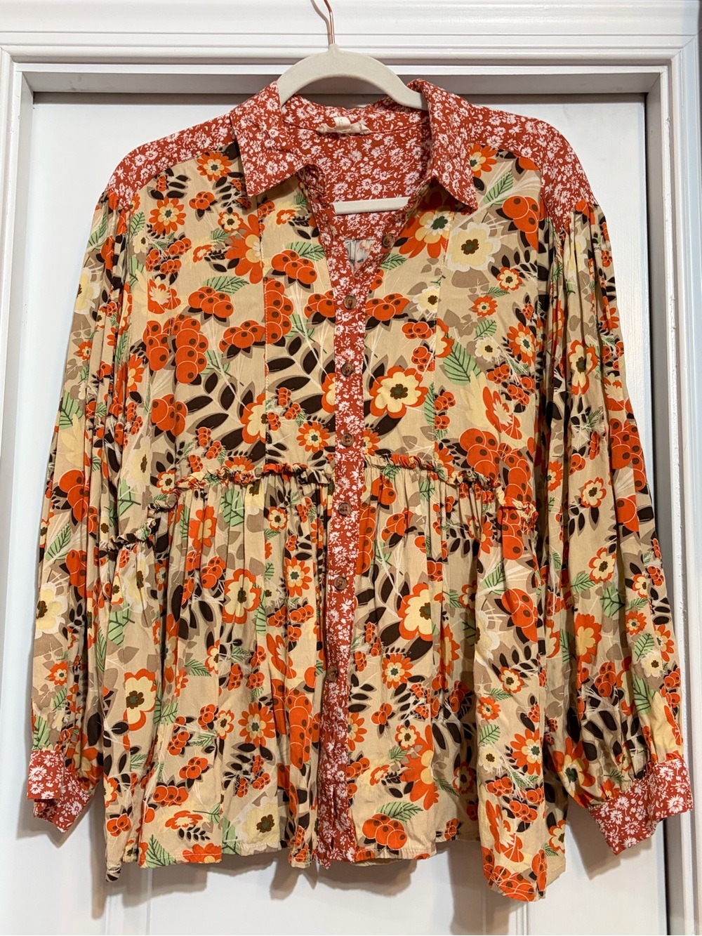 Easel Floral Button-Front Peasant Top